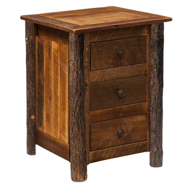 Fireside Lodge Appalachian Three Drawer Nightstand is a rustic wooden nightstand with bark-covered corner posts and three simple drawers
