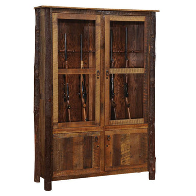 Fireside Lodge Appalachian Twelve Gun Cabinet is a rustic log-style wooden cabinet with glass doors that securely stores and displays up to twelve rifles