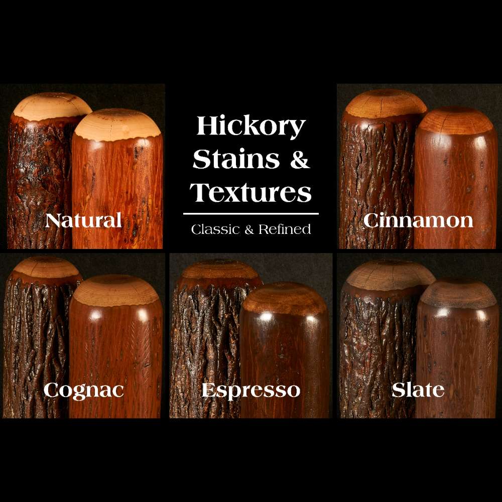 Fireside Lodge Appalachian Two Drawer File Cabinet finish options are shown as close-up hickory wood samples with bark edges in Natural, Cinnamon, Cognac, Espresso, and Slate stains