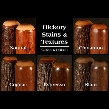 Fireside Lodge Appalachian Two Drawer File Cabinet finish options are shown as close-up hickory wood samples with bark edges in Natural, Cinnamon, Cognac, Espresso, and Slate stains