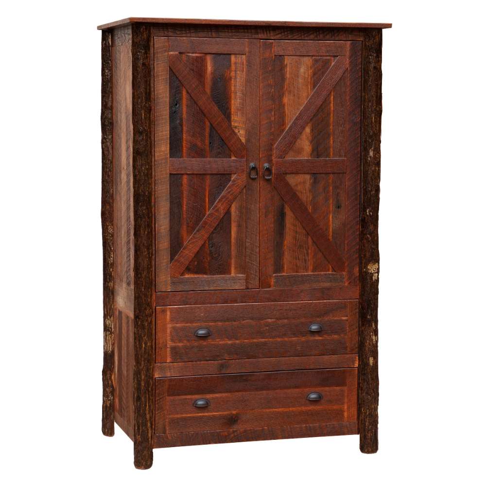 Fireside Lodge Appalachian Two Drawer Wardrobe is a tall, rustic dark-wood cabinet with barn-style double doors on top and two wide drawers below