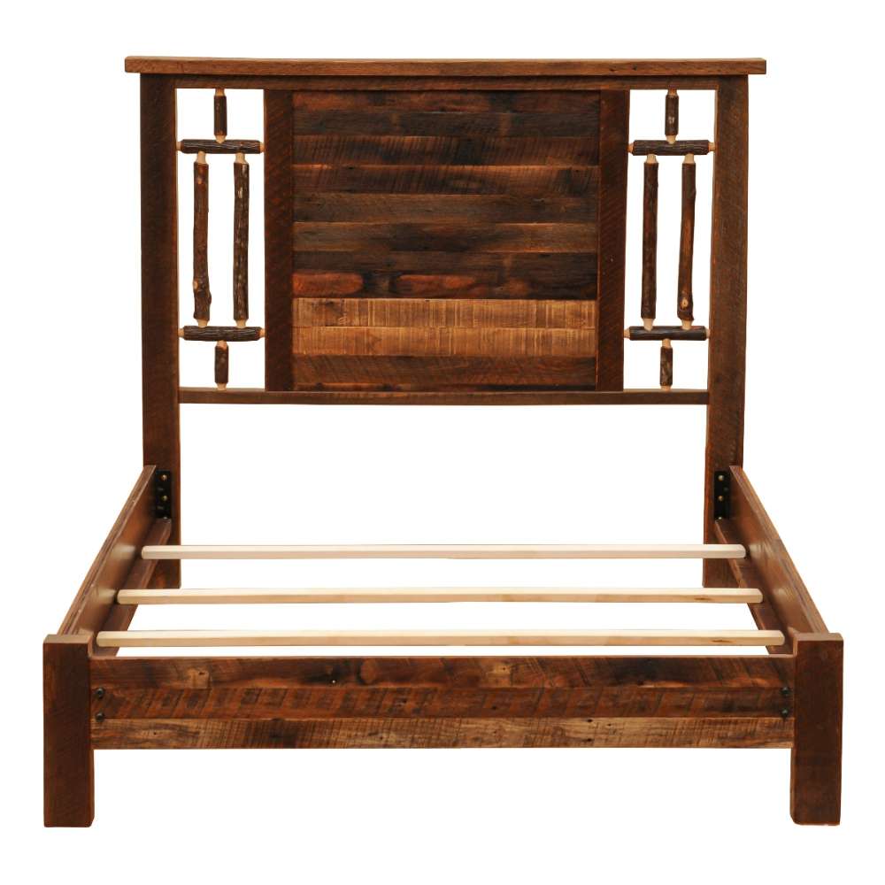Fireside Lodge Appalachian Windowpane Bed is displayed without a mattress, clearly showing the sturdy wooden slats, thick side rails, and handcrafted headboard design