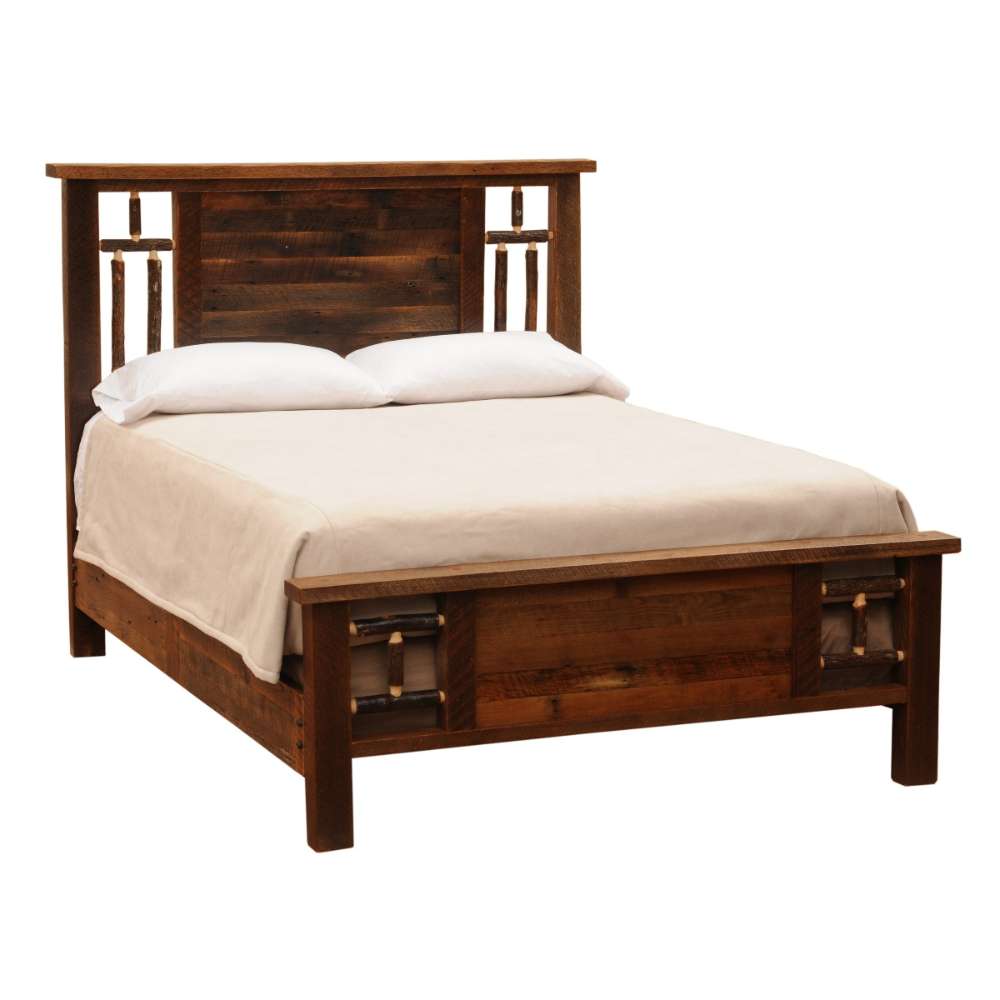 Fireside Lodge Appalachian Windowpane Bed is shown from an angled front view, featuring a solid rustic wood frame with a tall headboard, low footboard, and a neatly made mattress
