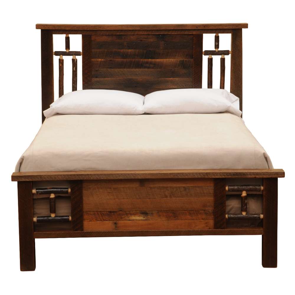 Fireside Lodge Appalachian Windowpane Bed is shown straight on from the front, highlighting its wide headboard, simple windowpane-style details, and warm dark wood finish