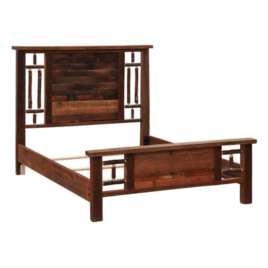 Fireside Lodge Appalachian Windowpane Bed is viewed from an angled rear perspective, emphasizing the solid wood construction, low-profile footboard, and handcrafted rustic style