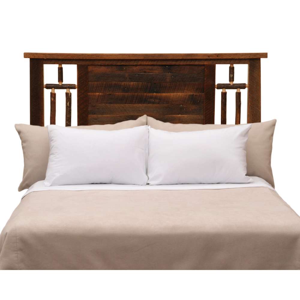 Fireside Lodge Appalachian Windowpane Headboard is shown on a bed, with dark handcrafted wood and windowpane side details above neutral bedding