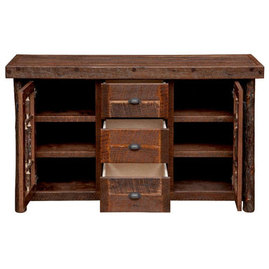 Fireside Lodge Appalachian Windowpane Sideboard open to display interior shelving and three center drawers for organized storage