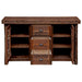Fireside Lodge Appalachian Windowpane Sideboard open to display interior shelving and three center drawers for organized storage