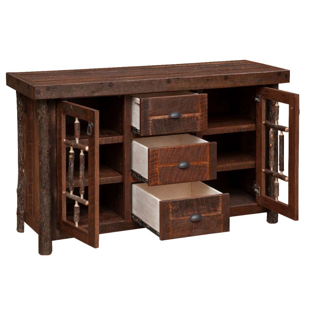 Fireside Lodge Appalachian Windowpane Sideboard with doors and drawers open, showing interior shelves and spacious storage compartments