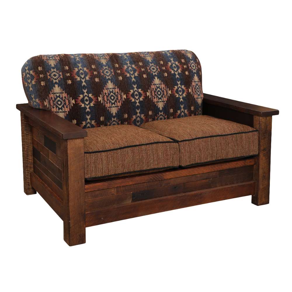 Fireside Lodge Barnwood Americana Loveseat angled slightly to the side, highlighting its textured reclaimed-wood frame and cozy patterned upholstery