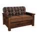 Fireside Lodge Barnwood Americana Loveseat angled slightly to the side, highlighting its textured reclaimed-wood frame and cozy patterned upholstery