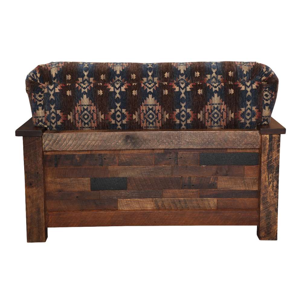 Fireside Lodge Barnwood Americana Loveseat from the back, featuring a patchwork-style reclaimed wood panel and the curved patterned upholstery above it