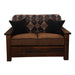Fireside Lodge Barnwood Americana Loveseat from the front with two dark throw pillows resting against its Southwestern-style backrest