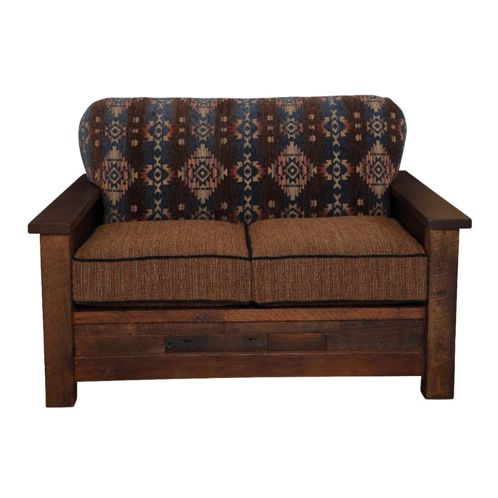 Fireside Lodge Barnwood Americana Loveseat without pillows, displaying its simple two-cushion design and bold patterned backrest