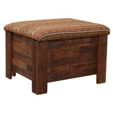 Fireside Lodge Barnwood Americana Storage Ottoman features sturdy reclaimed-wood panels and a thick, soft, patterned cushion on top