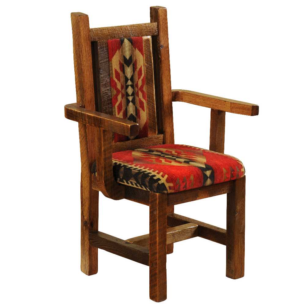 Fireside Lodge Barnwood Artisan Upholstered Arm Chair with a rustic barnwood frame, straight armrests, and a red Southwestern-patterned upholstered seat and back