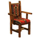 Fireside Lodge Barnwood Artisan Upholstered Arm Chair with a rustic barnwood frame, straight armrests, and a red Southwestern-patterned upholstered seat and back