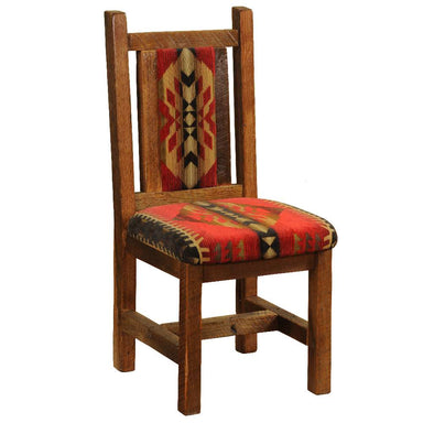 Fireside Lodge Barnwood Artisan Upholstered Side Chair with a rustic barnwood frame and padded seat and back featuring a bold red Southwestern-style patterned fabric