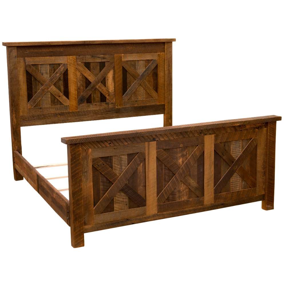 Fireside Lodge Barnwood Barndoor Bed without bedding, revealing the headboard, footboard, and mattress slats