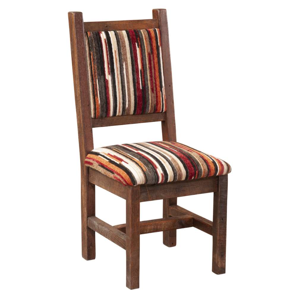 Fireside Lodge Barnwood Colonial Side Chair with a rustic wood frame and padded striped seat and back in warm red, brown, and cream tones