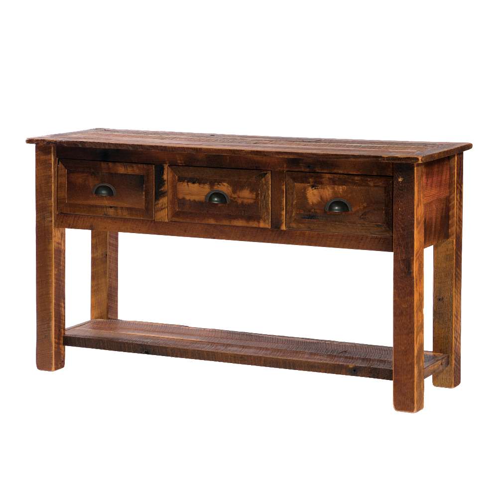 Fireside Lodge Barnwood Console Table is a rustic wooden table with three small drawers and a weathered finish