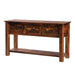 Fireside Lodge Barnwood Console Table is a rustic wooden table with three small drawers and a weathered finish