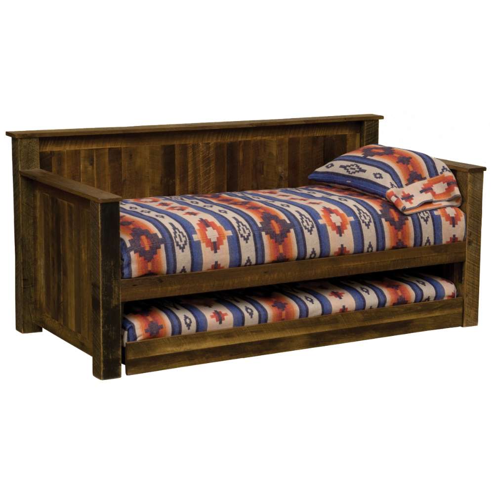 Fireside Lodge Barnwood Daybed With Roll Out Trundle features patterned bedding on top with a matching mattress stored underneath