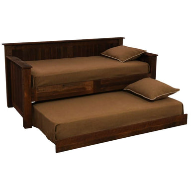 Fireside Lodge Barnwood Daybed With Roll Out Trundle presents brown cushions on both levels with the trundle extended