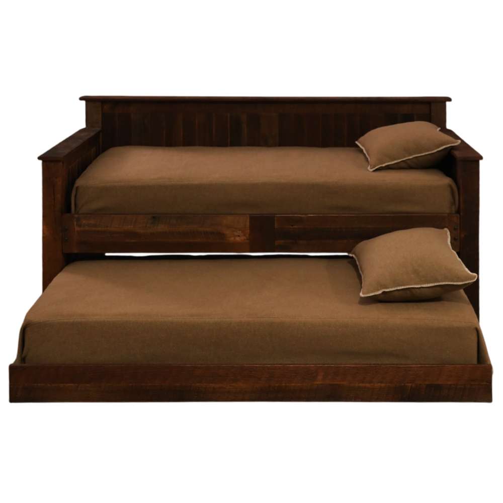 Fireside Lodge Barnwood Daybed With Roll Out Trundle shows the front view with the lower mattress fully pulled out