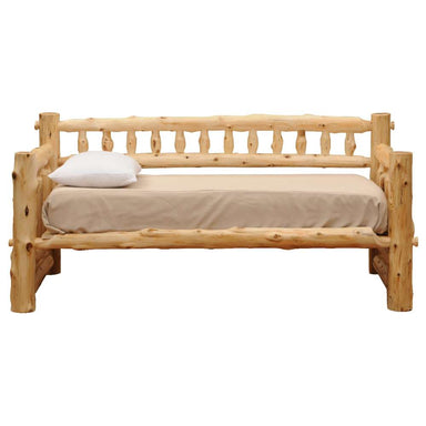 Fireside Lodge Barnwood Daybed Without Roll Out Trundle is a solid log-style wooden daybed with thick posts, a spindle back, and a single mattress with pillow on top, shown without a lower trundle