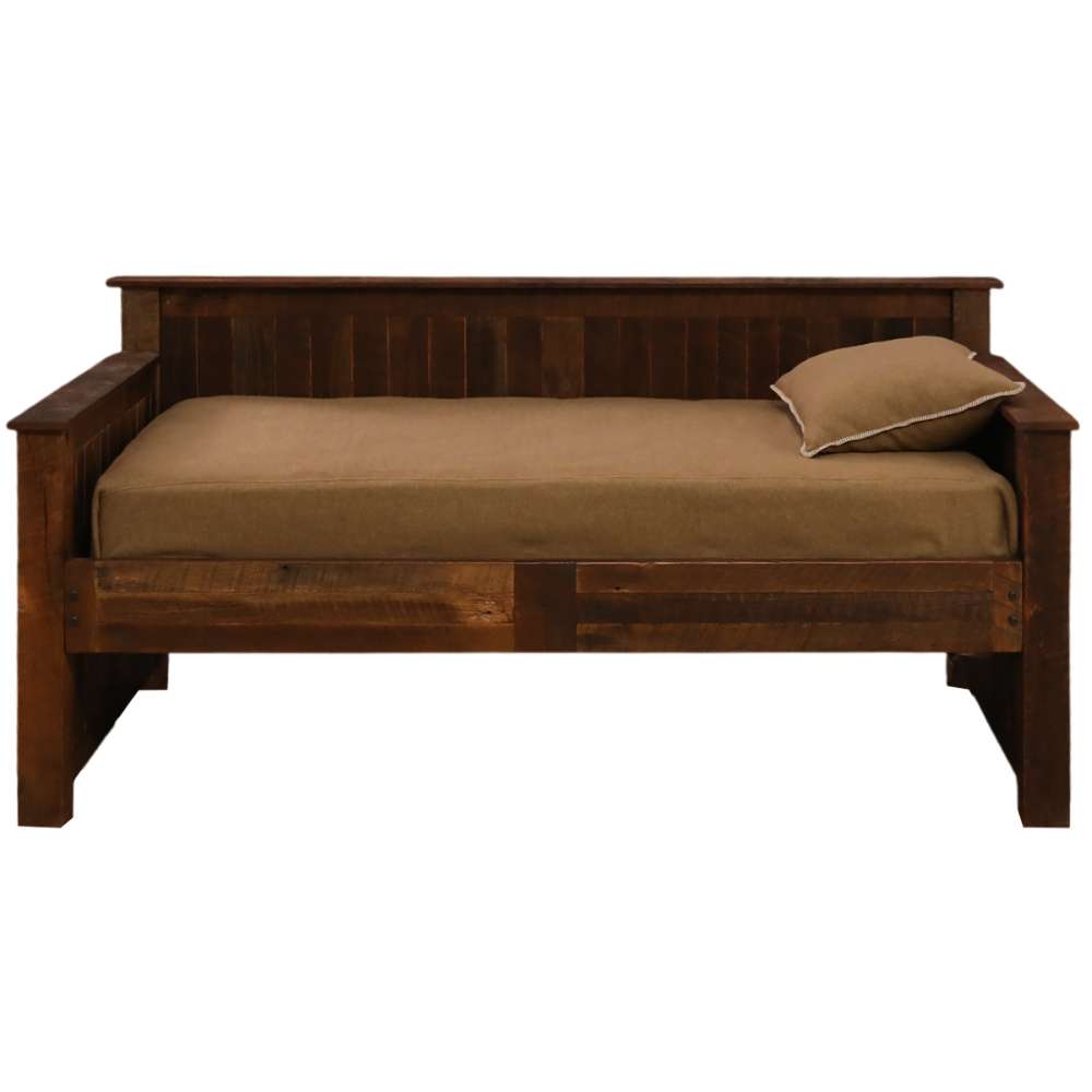 Fireside Lodge Barnwood Daybed Without Roll Out Trundle shows a brown mattress and pillow on the main frame only