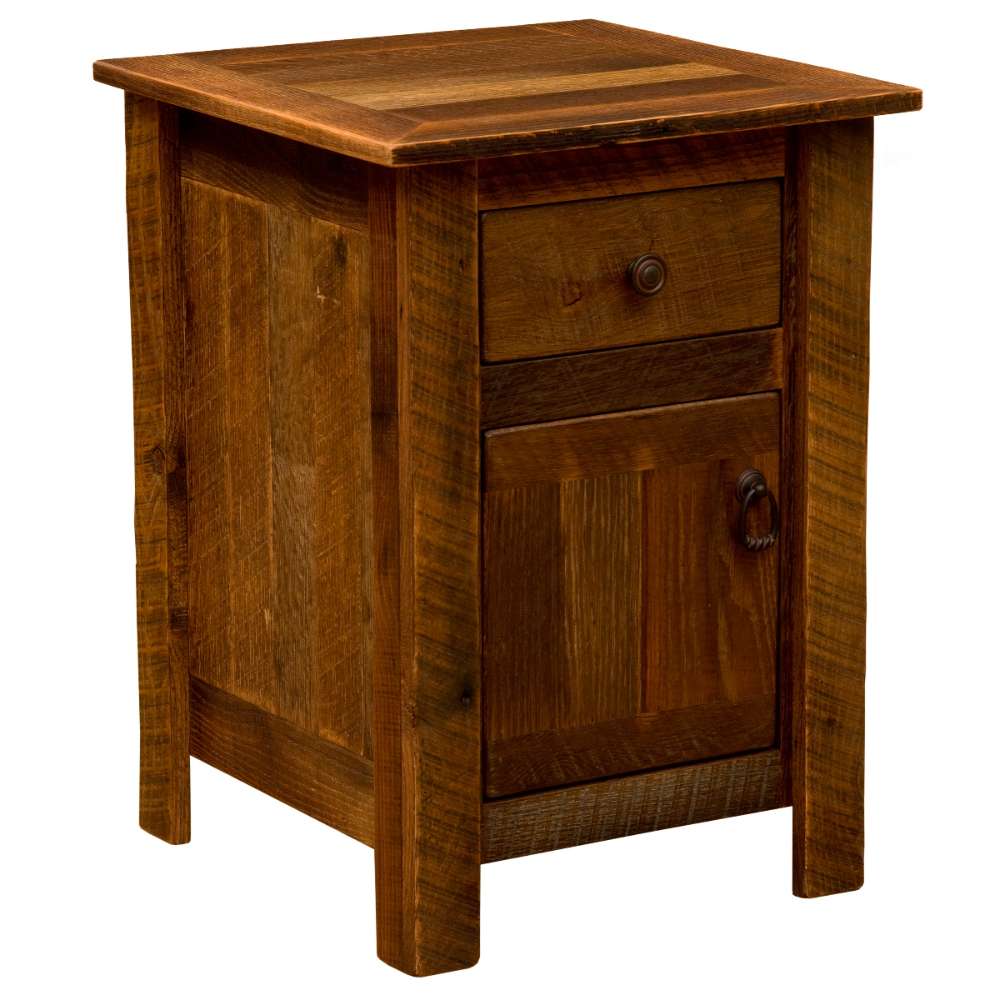 Fireside Lodge Barnwood Enclosed Nightstand is a rustic wooden nightstand with a square top, one drawer, and a lower cabinet door