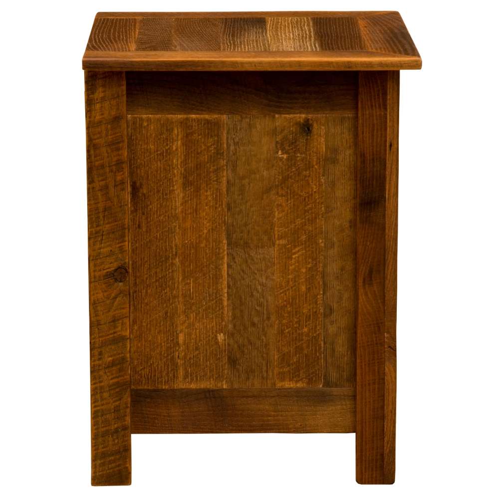 Fireside Lodge Barnwood Enclosed Nightstand is shown from the back with a solid wood panel and visible grain