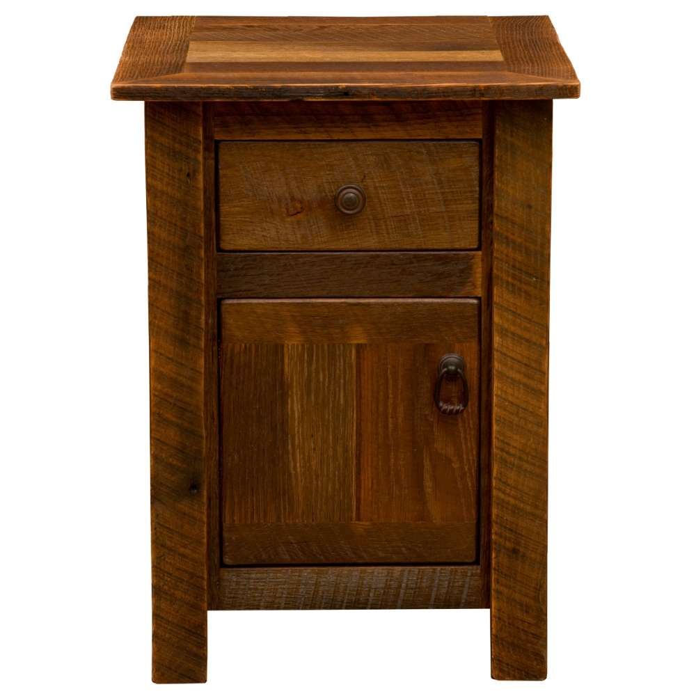 Fireside Lodge Barnwood Enclosed Nightstand is shown from the front with both the drawer and cabinet door closed