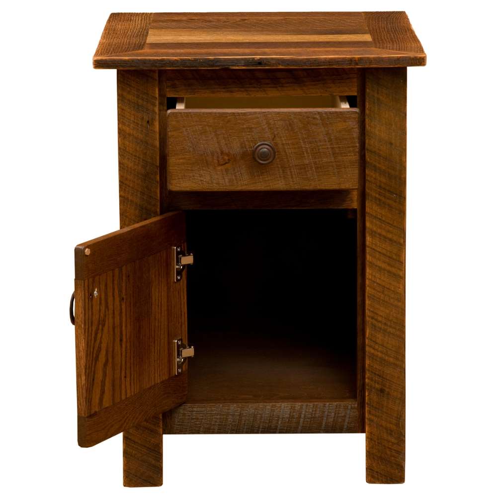 Fireside Lodge Barnwood Enclosed Nightstand is shown with the cabinet door open beneath a closed drawer