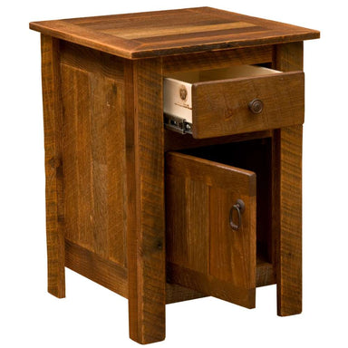 Fireside Lodge Barnwood Enclosed Nightstand is shown with the drawer and cabinet door open, revealing interior storage