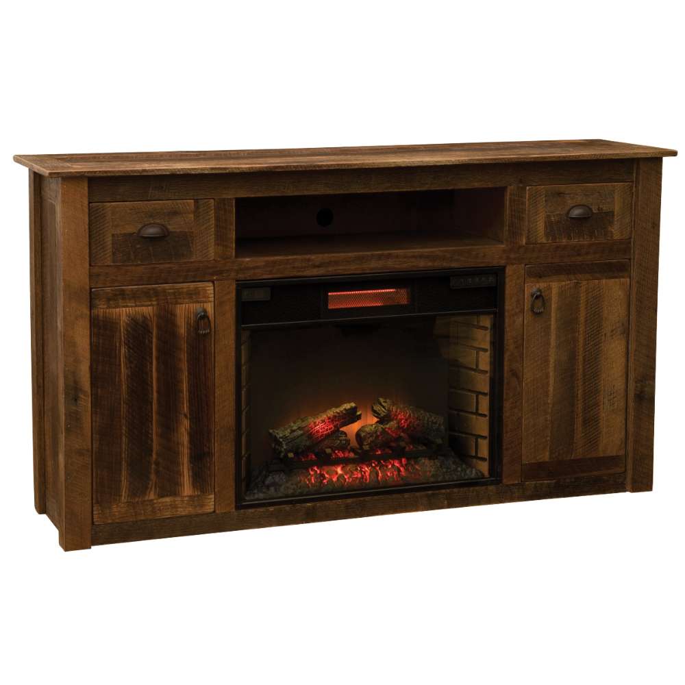 Fireside Lodge Barnwood Entertainment Center with Fireplace, a rustic wooden cabinet with drawers, doors, and a glowing electric fire