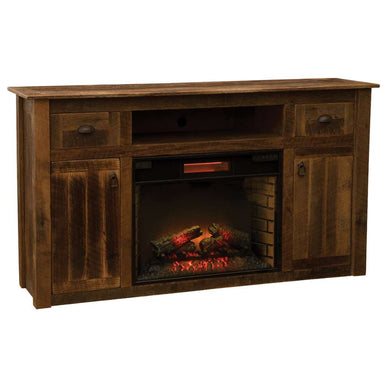 Fireside Lodge Barnwood Entertainment Center with Fireplace, a rustic wooden cabinet with drawers, doors, and a glowing electric fire
