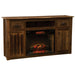 Fireside Lodge Barnwood Entertainment Center with Fireplace, a rustic wooden cabinet with drawers, doors, and a glowing electric fire