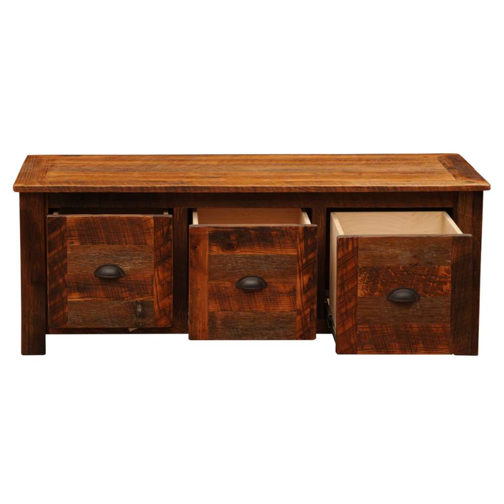 Fireside Lodge Barnwood Entry Bench displayed with all three drawers pulled open