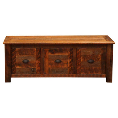 Fireside Lodge Barnwood Entry Bench shown from the front with its three square wooden drawers closed