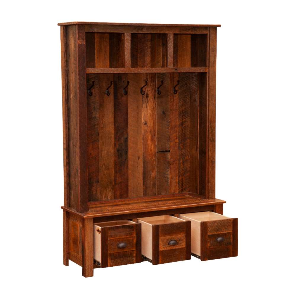 Fireside Lodge Barnwood Entry Locker displayed with all three lower drawers pulled open beneath its tall hanging space and hooks