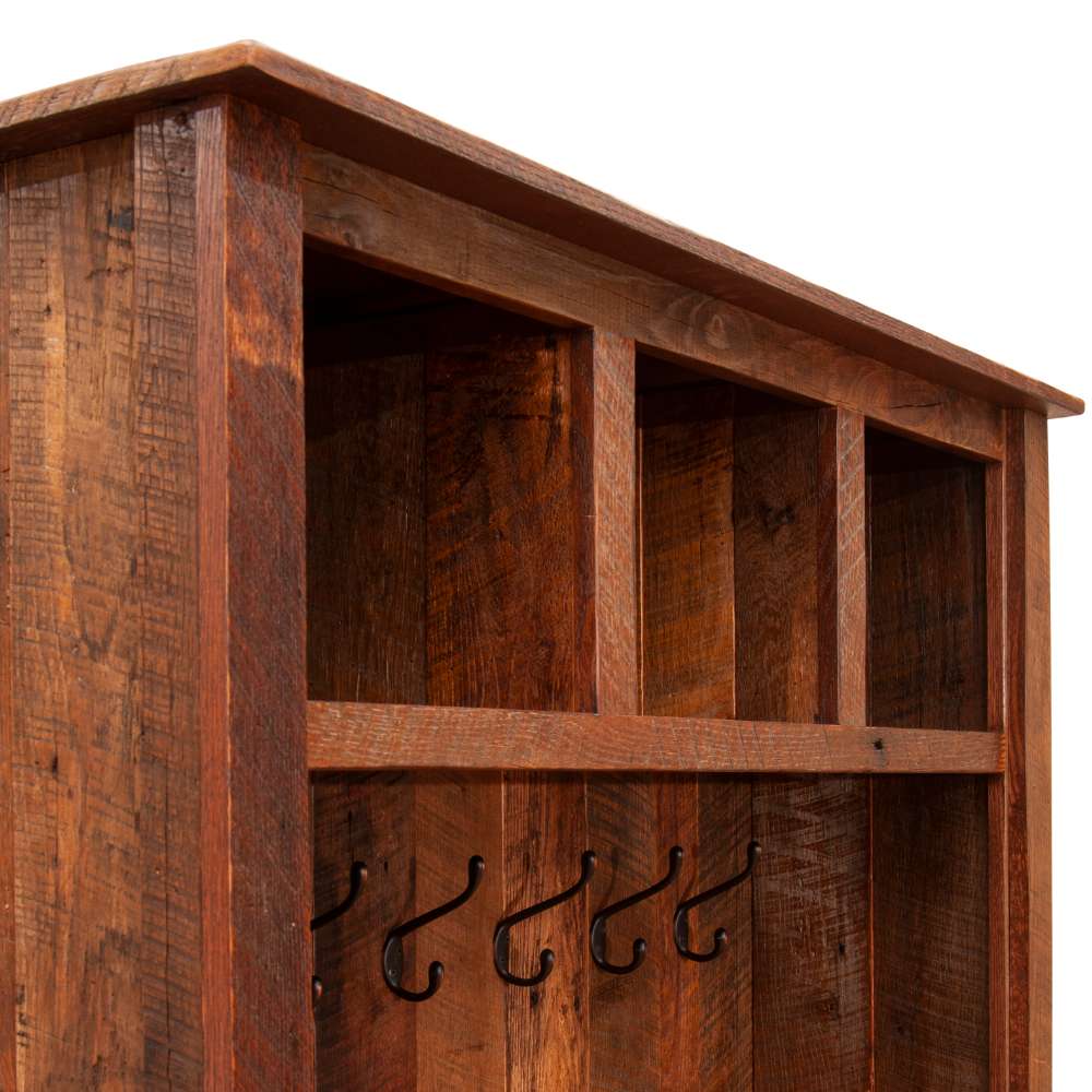 Fireside Lodge Barnwood Entry Locker shown up close with three open cubbies on top and rustic reclaimed wood textures throughout