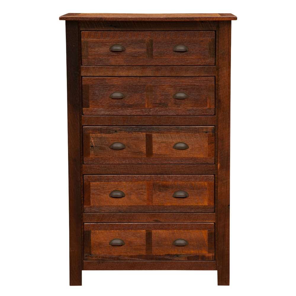 Fireside Lodge Barnwood Five Drawer Chest is a tall dark wood dresser with five drawers and metal cup handles, shown from the front