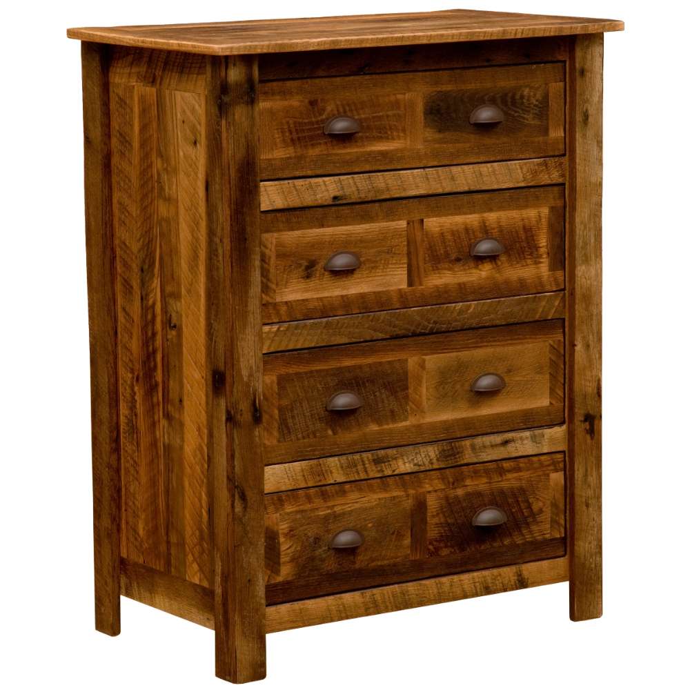 Fireside Lodge Barnwood Four Drawer Chest is a rustic wooden chest with four rows of drawers, each featuring two dark metal cup handles