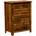 Fireside Lodge Barnwood Four Drawer Chest is a rustic wooden chest with four rows of drawers, each featuring two dark metal cup handles