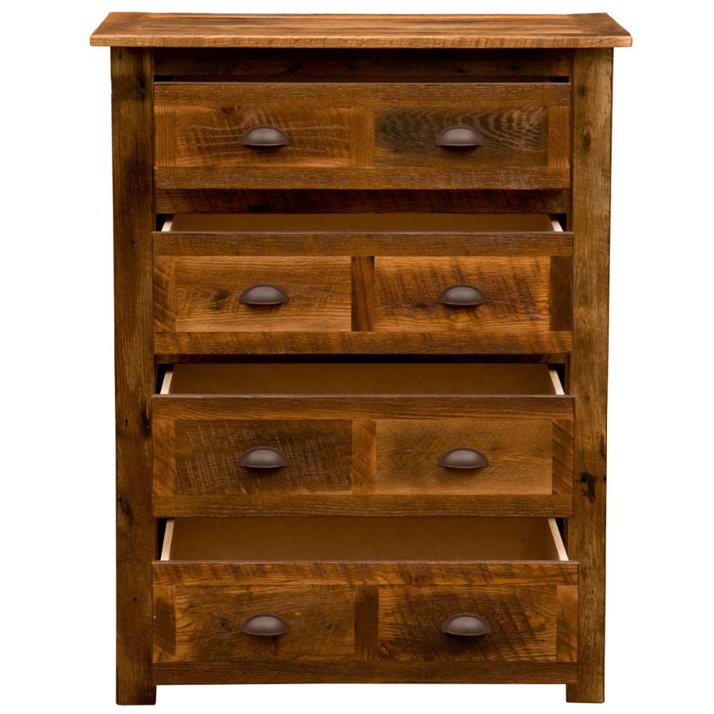 Fireside Lodge Barnwood Four Drawer Chest shows the chest with all four drawers partially open, highlighting storage depth
