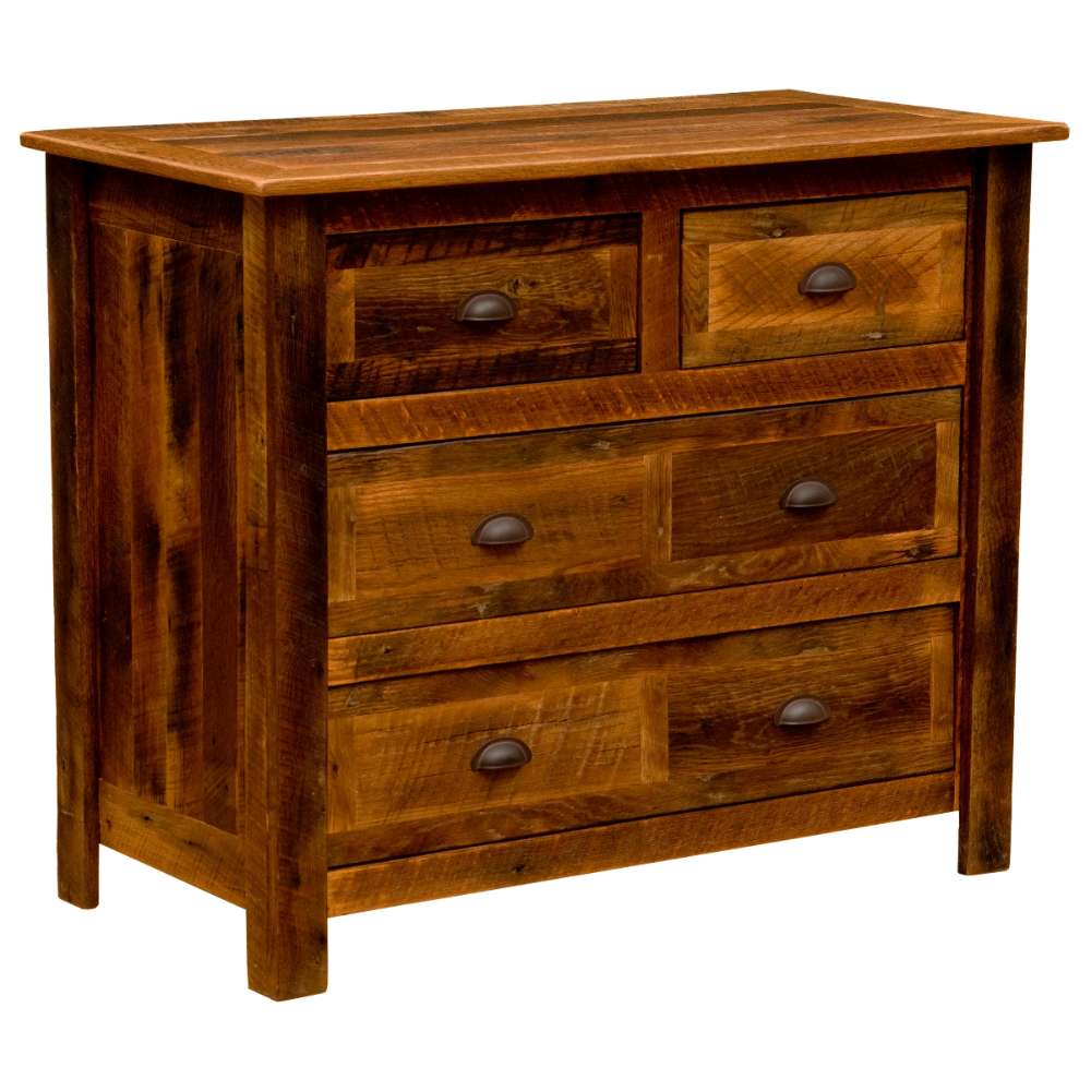 Fireside Lodge Barnwood Four Drawer Low Boy is a rustic wood dresser shown at an angle with four drawers, dark metal pulls, and a thick solid top