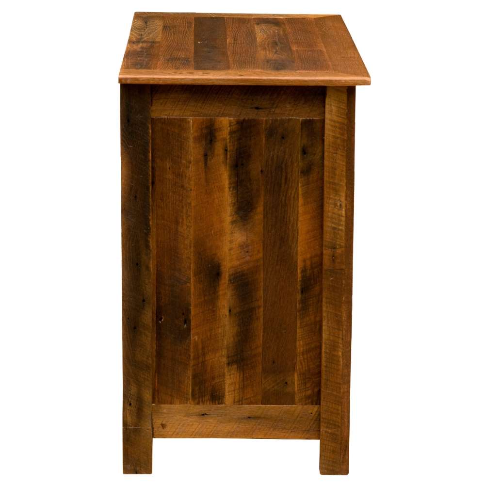 Fireside Lodge Barnwood Four Drawer Low Boy is shown from the side, emphasizing its solid barnwood panels and sturdy construction