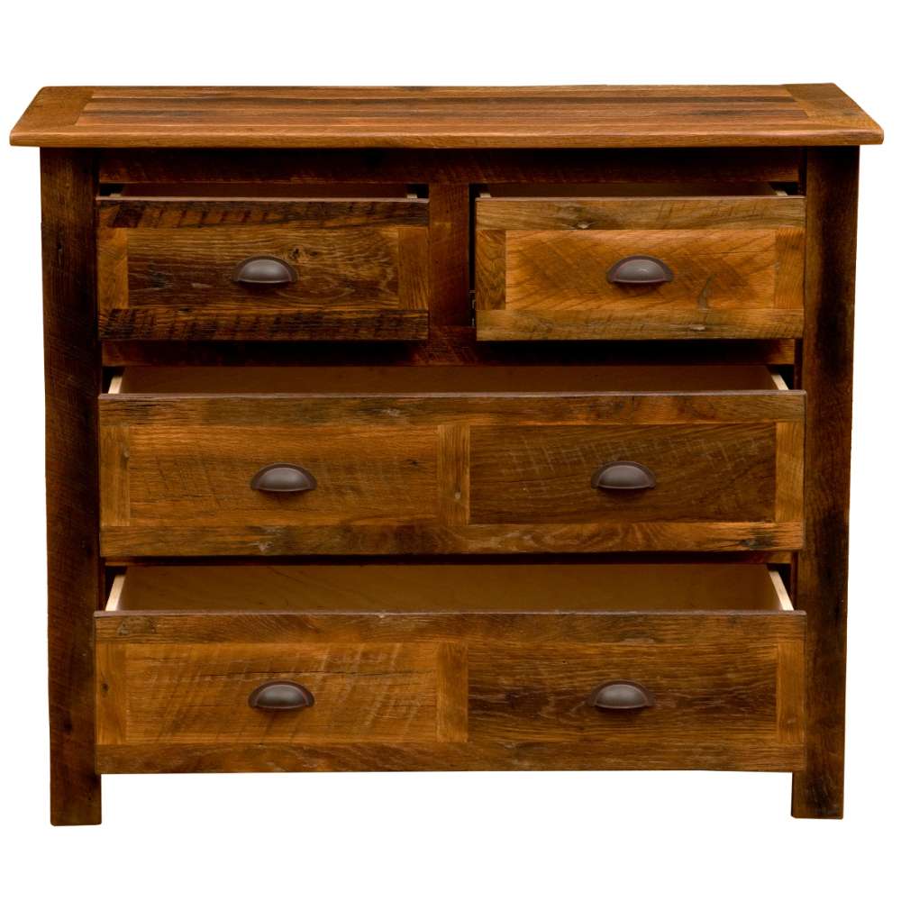 Fireside Lodge Barnwood Four Drawer Low Boy is shown with lower drawers pulled out, highlighting their depth and storage capacity